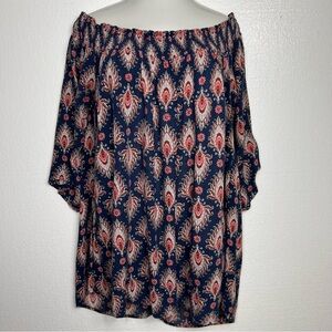 Signature Studio Burgundy Print Boho Blouse w/Smocking at the Neck size 3X